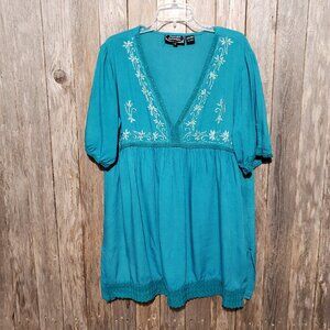 Amandas Collection‎ XL Women's Mini Dress Teal Embroidered Lace Trim Swing Boho